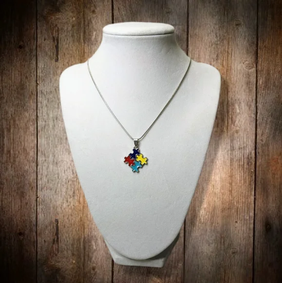 Autism Puzzle Piece Charm Necklace! Autism Awareness Pretty Silver Chain - Picture 6 of 12